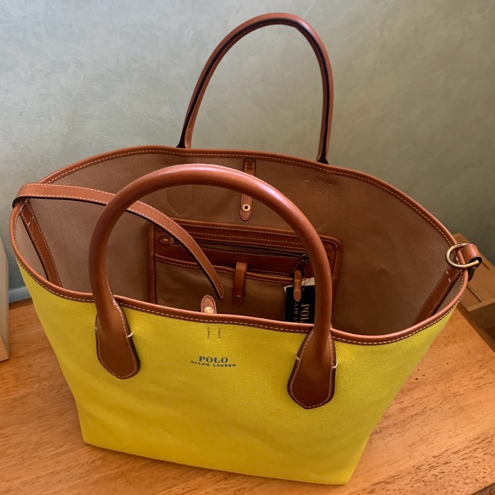 NWT Polo by Ralph Lauren Reversible Citron Yellow / Saddle Brown Tote Bag